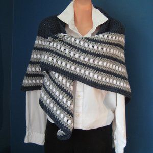 Blue , Gray &  White Hand Knit Shawl / Coverlette / Triangle Wrap